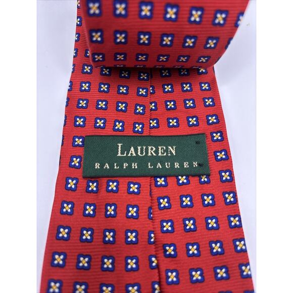 Ralph Lauren Silk Necktie Hand Made USA Red With Blue Dot Flowers Polo Tie 56” - Picture 4 of 7